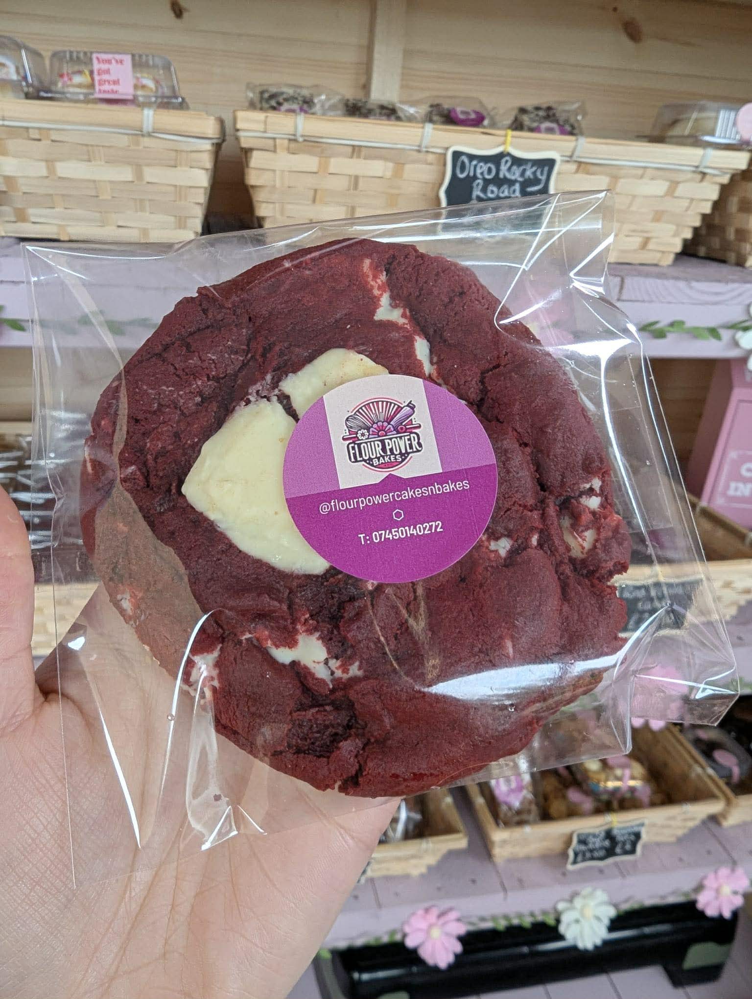 Red velvet white chocolate chip cookie from the Honesty Cake Shed